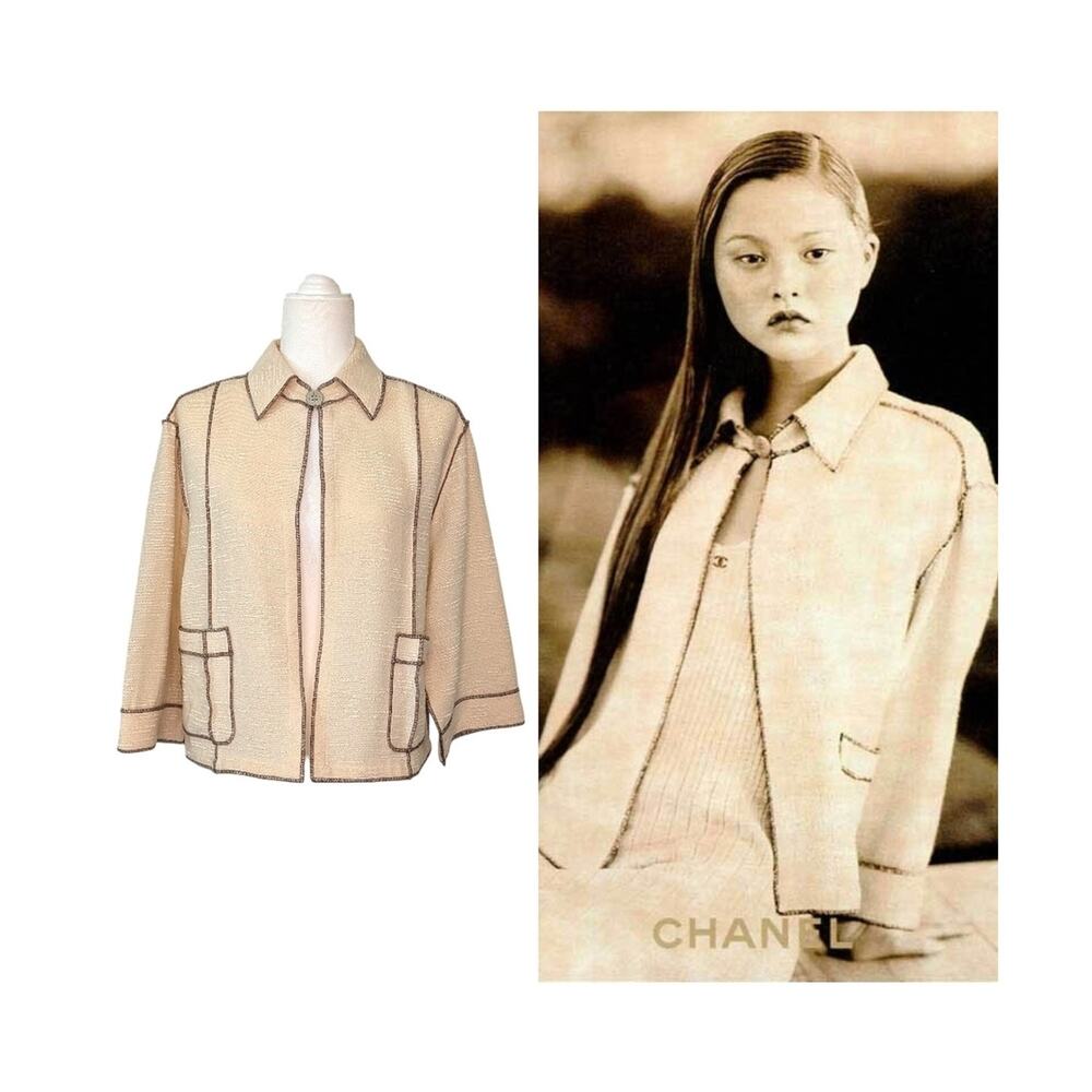 Chanel Spring 1999 Jacket CC Logo Button Contrast Stitch Boxy Fit Neutral FR 38